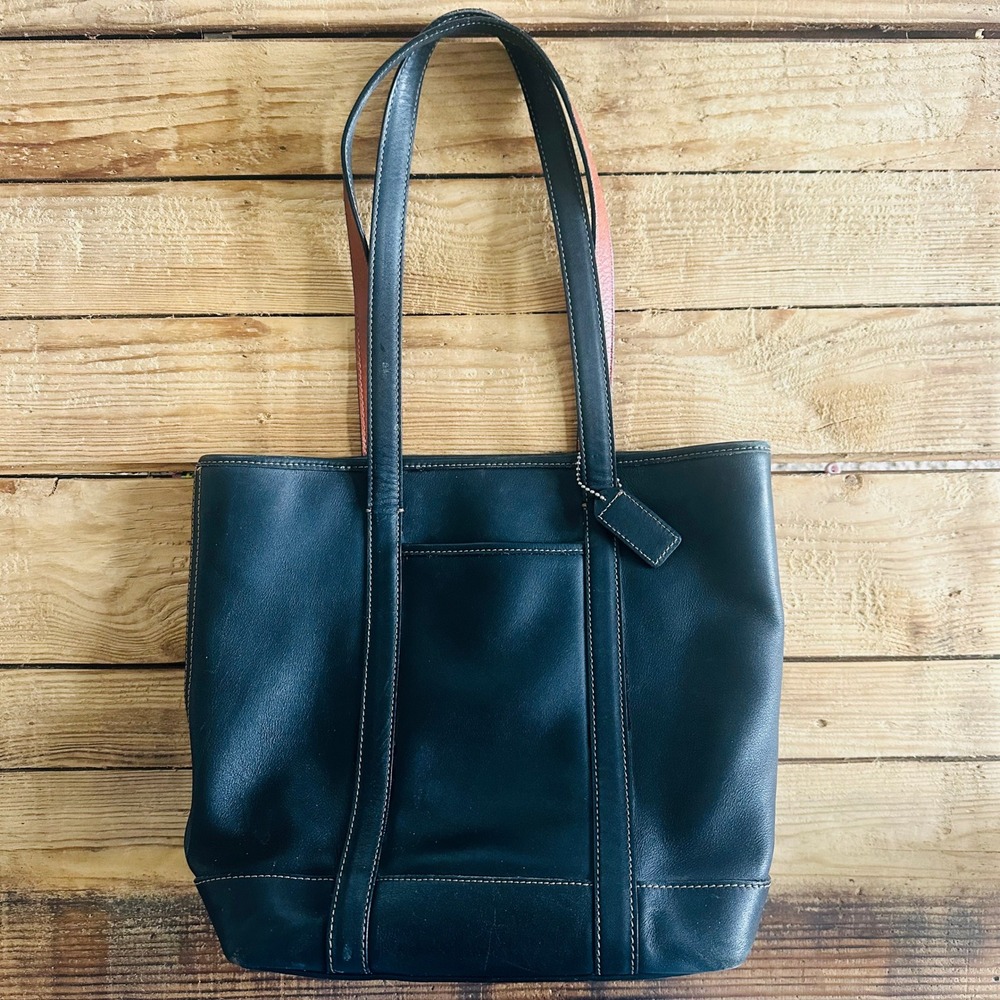 Coach Hampton Weekend‎ Black Leather Tote Bag 9337 Contrast Stitch Handbag